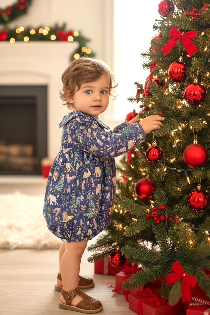 CHRISTMAS Liberty Bubble Romper: Long Sleeve, Handmade Baby Clothes