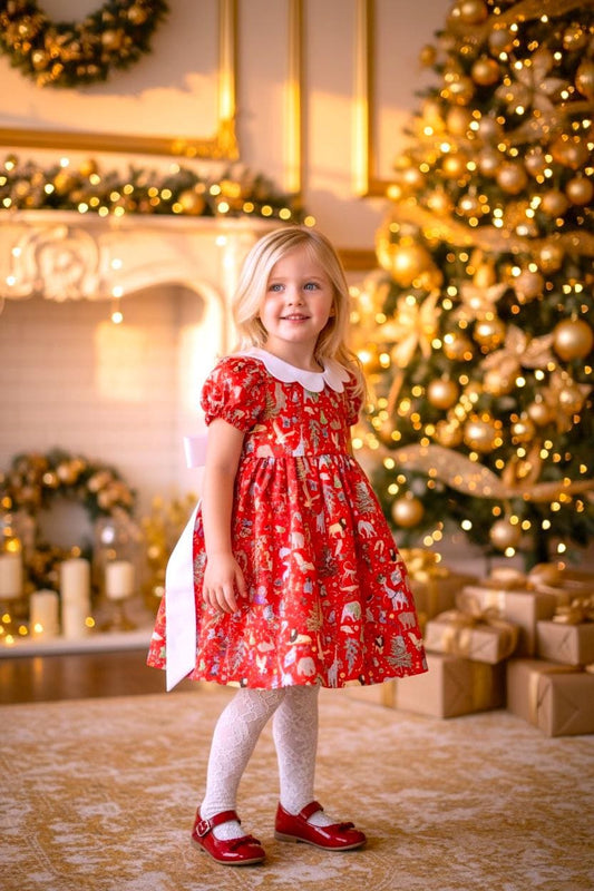 Liberty London Christmas Dress, Red Floral Tana Lawn, Scallop Collar