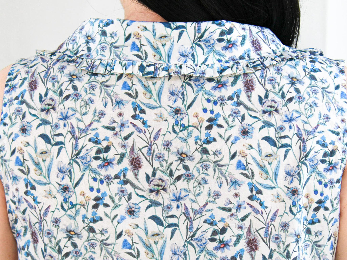 Sleeveless Liberty Woman Top: Ruffle Peter Pan Collar, Floral Print Blouse