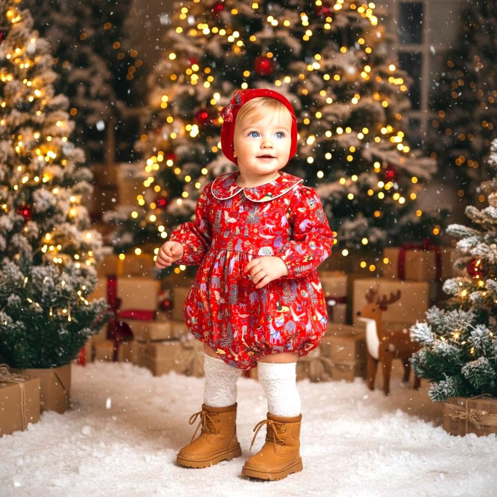 CHRISTMAS Liberty Bubble Romper: Long Sleeve, Peter Pan Collar