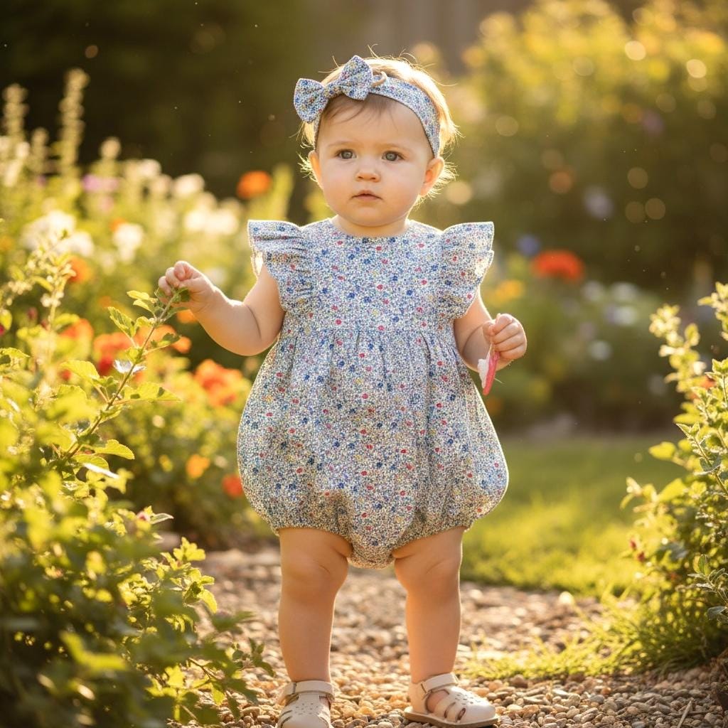 Ruffle Liberty London Baby Bubble Romper, Lightweight Cotton Tana Lawn Fabric Onesie, Ditsy Playsuit