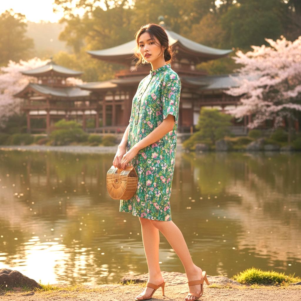 Liberty Floral Print Dress: Mandarin Collar Shift Dress, Short Sleeves