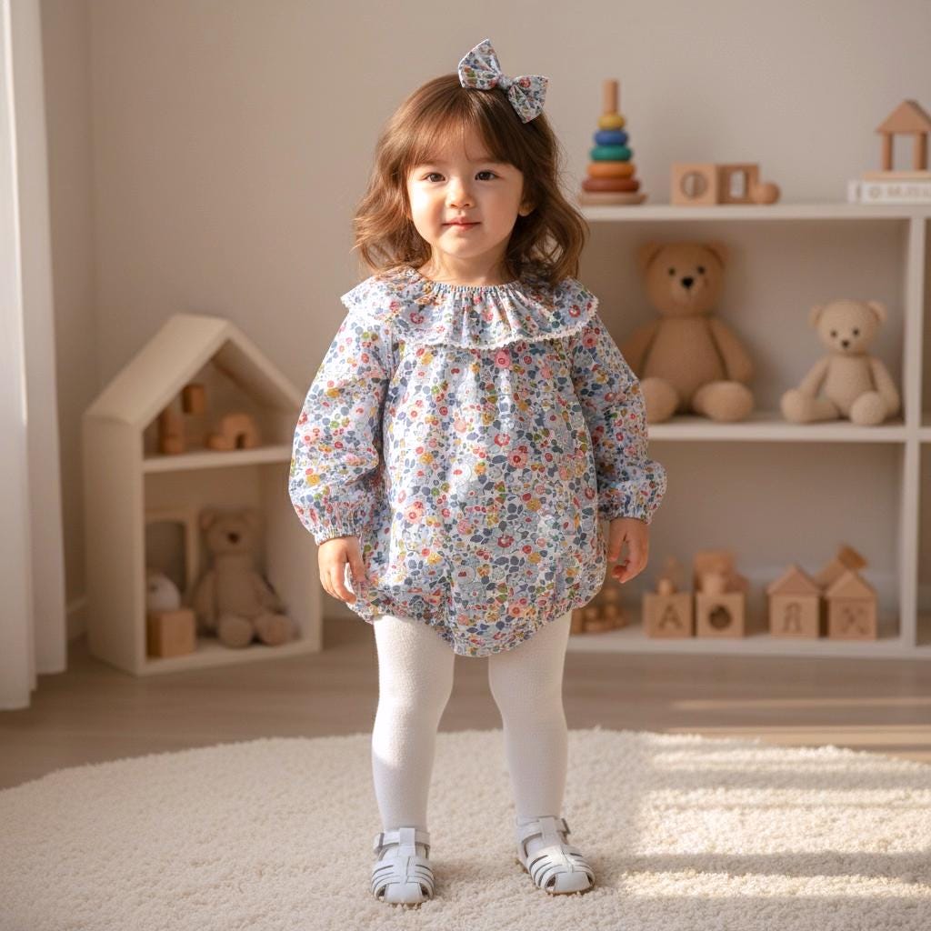 Long Sleeve Liberty London Baby Romper: Floral Print Cotton Bubble, Ruffle Collar Playsuit