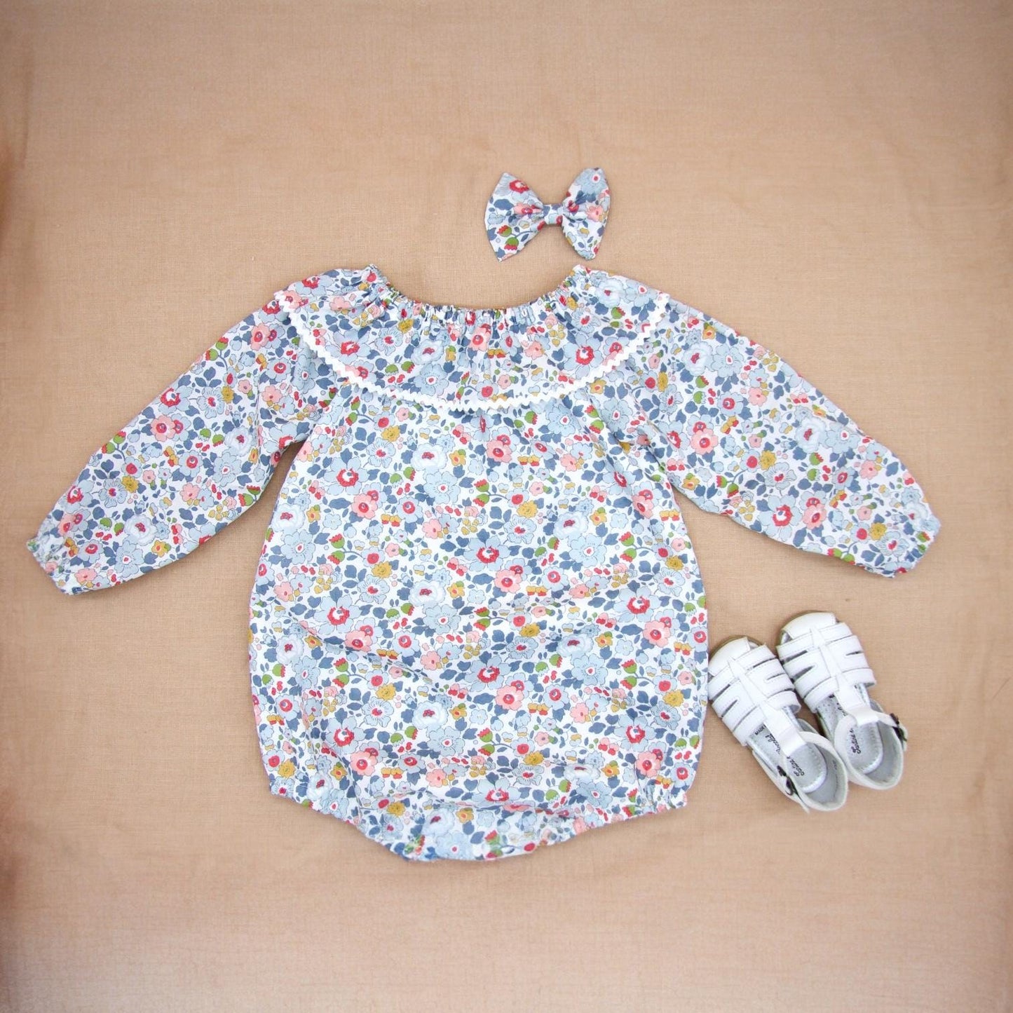 TWINS Liberty London Long Sleeve Baby Romper: Floral Print Cotton Bubble, Ruffle Collar Playsuit
