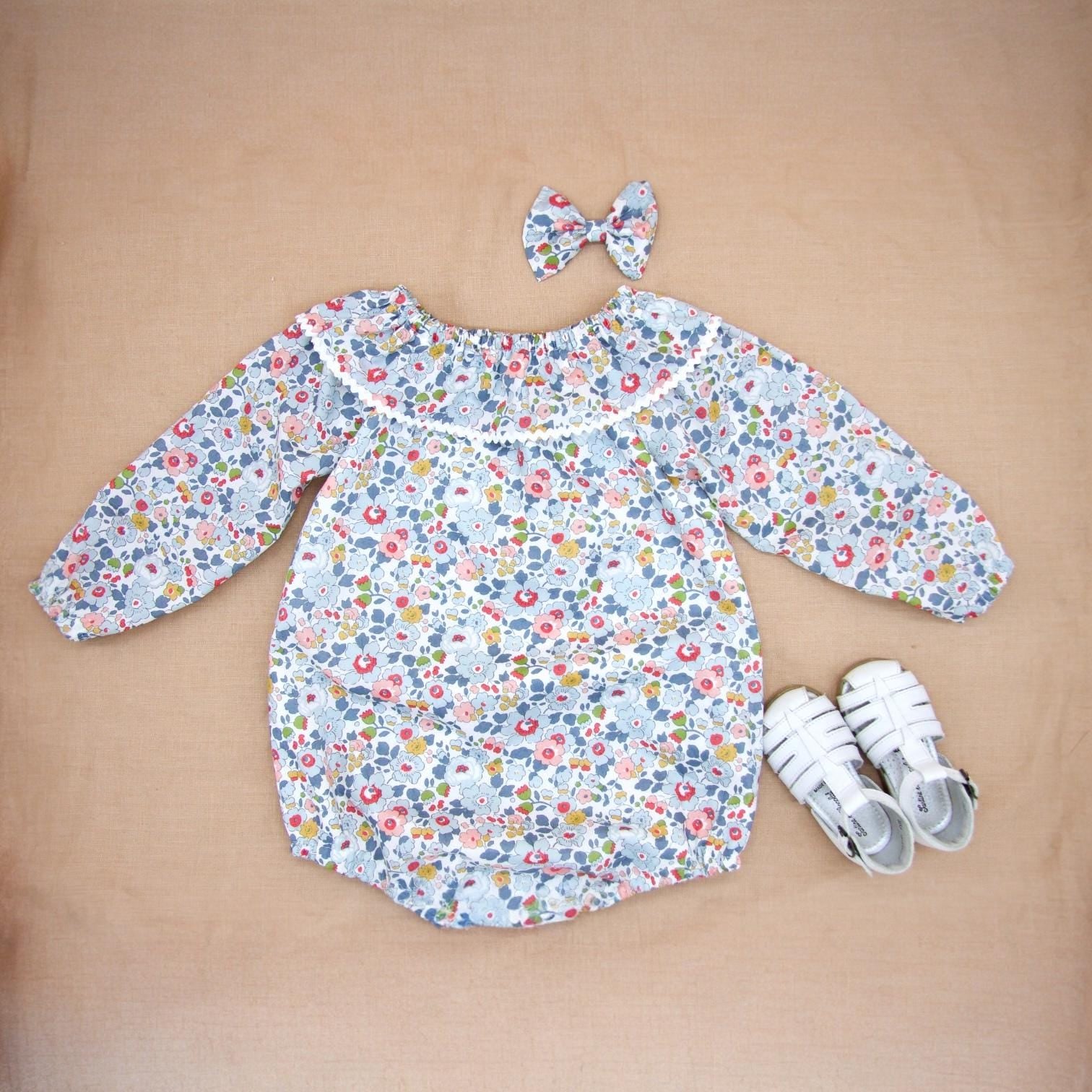 TWINS Liberty London Long Sleeve Baby Romper: Floral Print Cotton Bubble, Ruffle Collar Playsuit