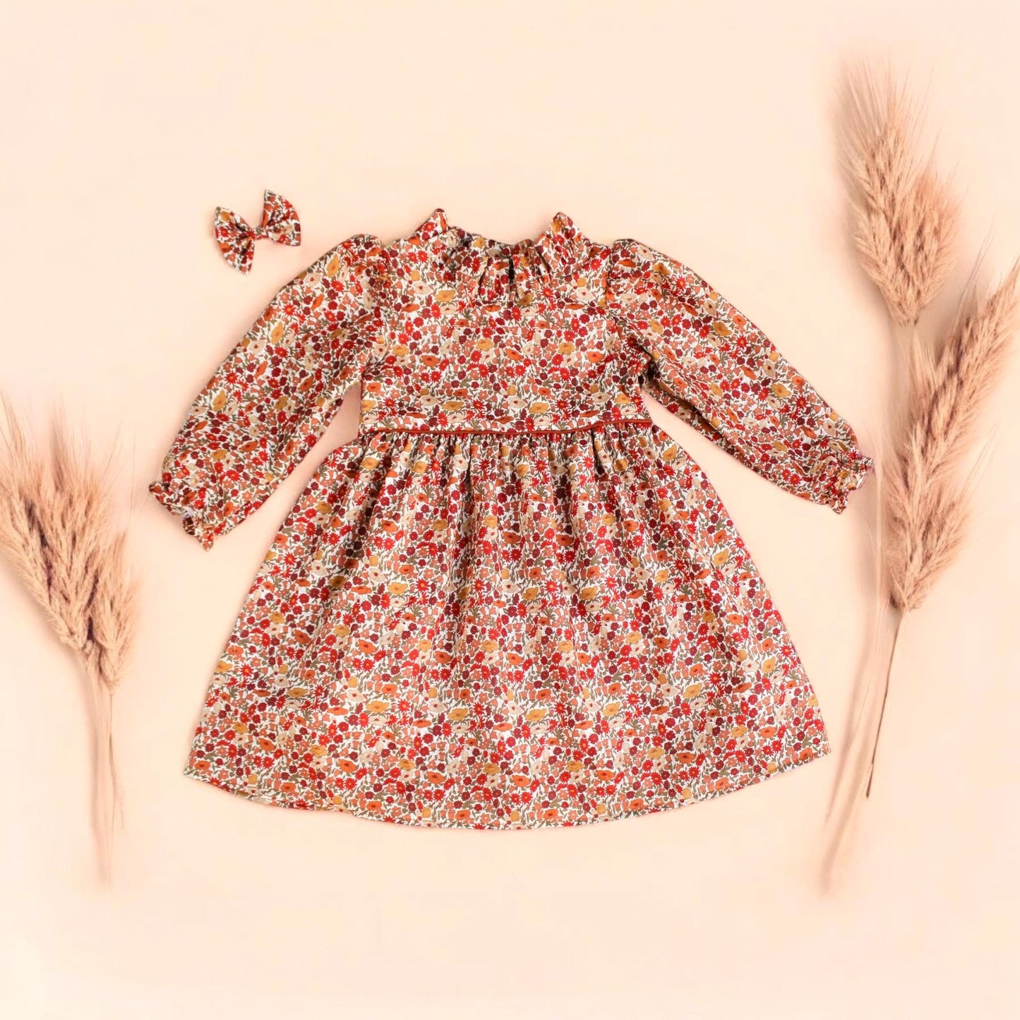 Liberty London Girl Dress, Rust Floral Cotton Tana Lawn, Ruffle Collar, Handmade