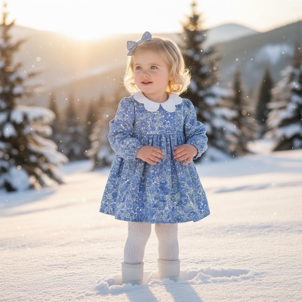 Liberty London Long Sleeve Girl Dress: Floral Print, Scallop Collar