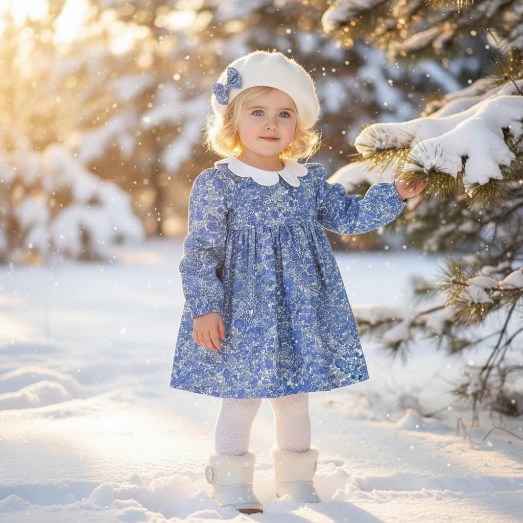 Liberty London Long Sleeve Girl Dress: Floral Print, Scallop Collar