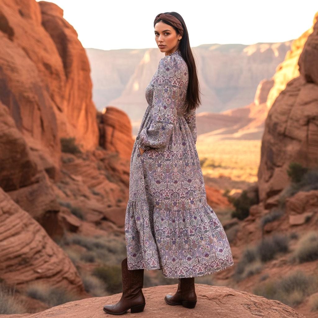 V Neck Liberty Print Smock Dress Long Sleeve