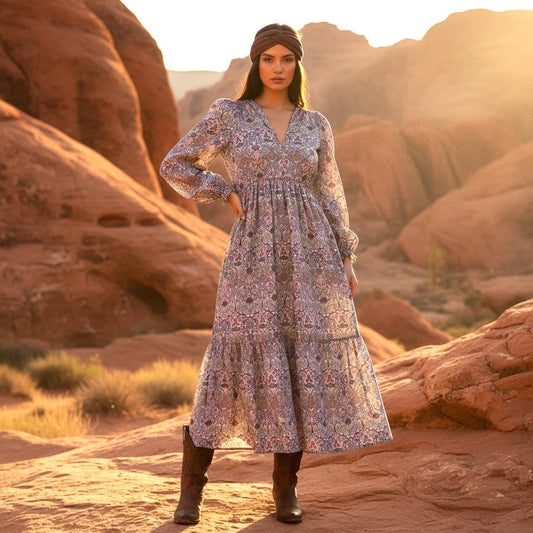 Liberty London V Neck Tiered Midi Long Sleeve Dress: Floral Print Cotton