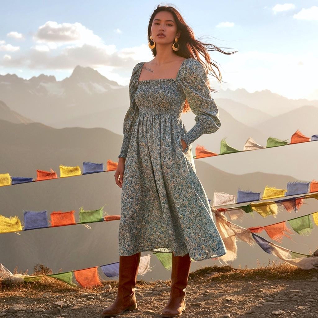 Renaissance Liberty Print Smock Dress: Botanical Ditsy Floral, Long Sleeve Midi Dress, Square Neck