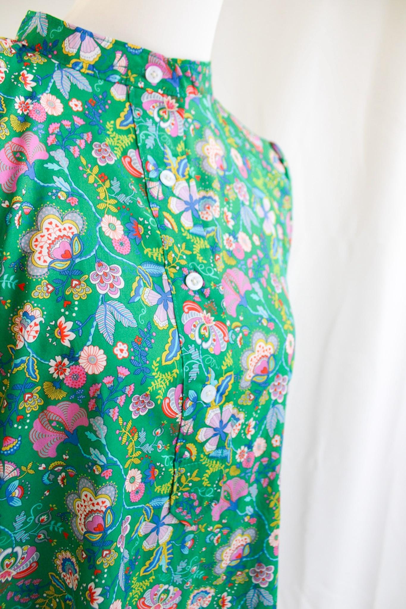 Liberty Floral Print Dress: Mandarin Collar Shift Dress, Short Sleeves