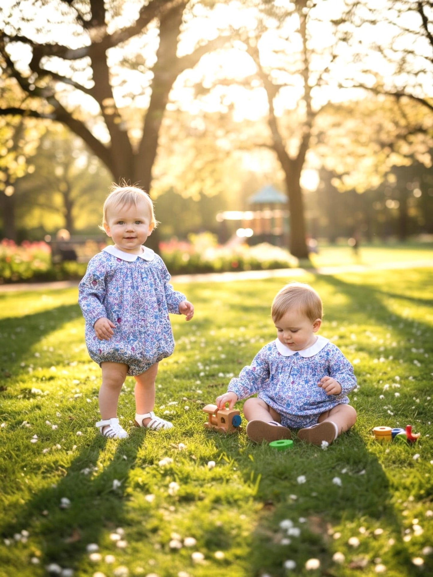TWINS Liberty Baby Bubble Romper: White Peter Pan Collar, Long Sleeves