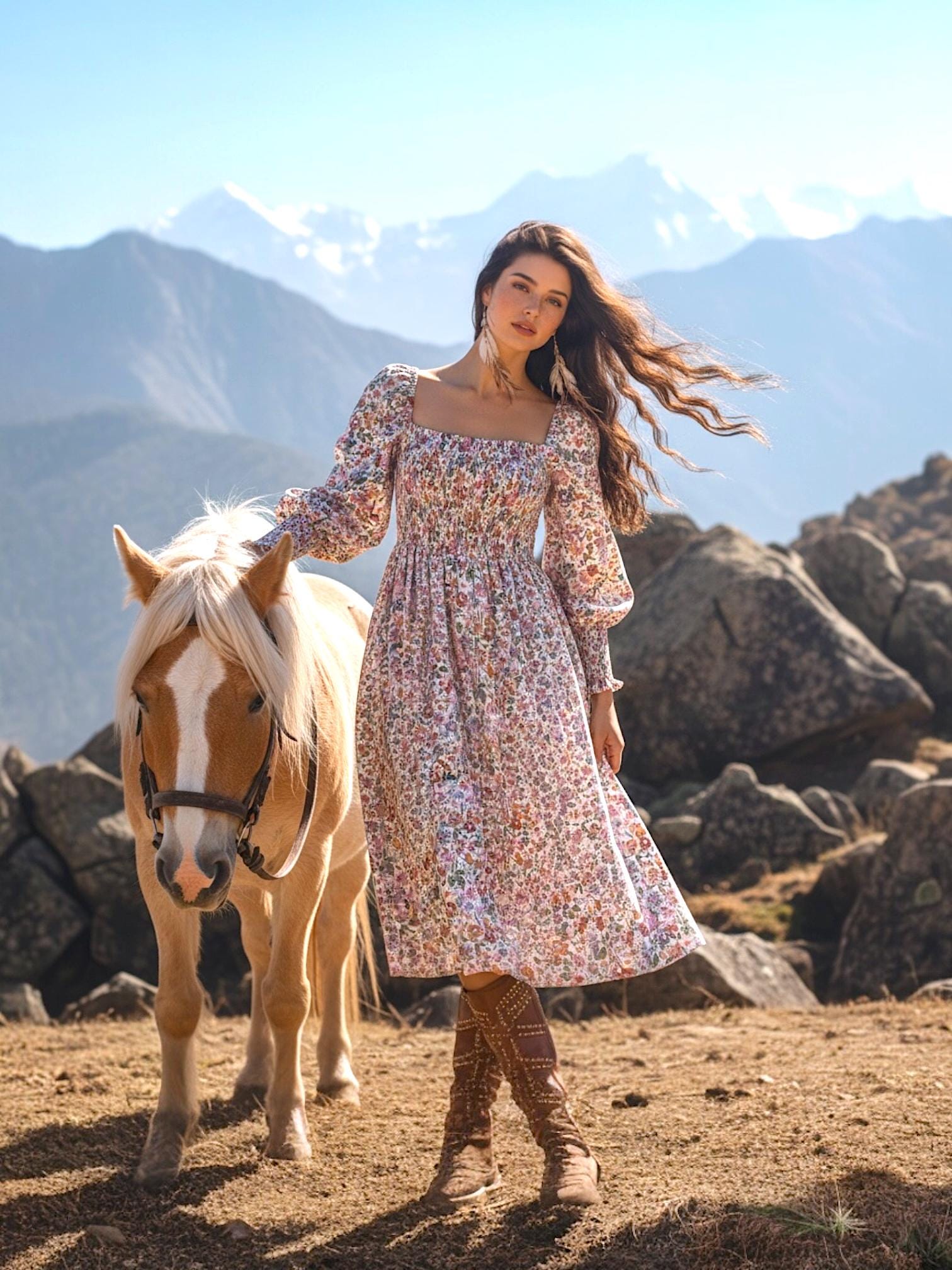 Renaissance Liberty Print Smock Dress: Botanical Ditsy Floral, Long Sleeve Midi Dress, Square Neck