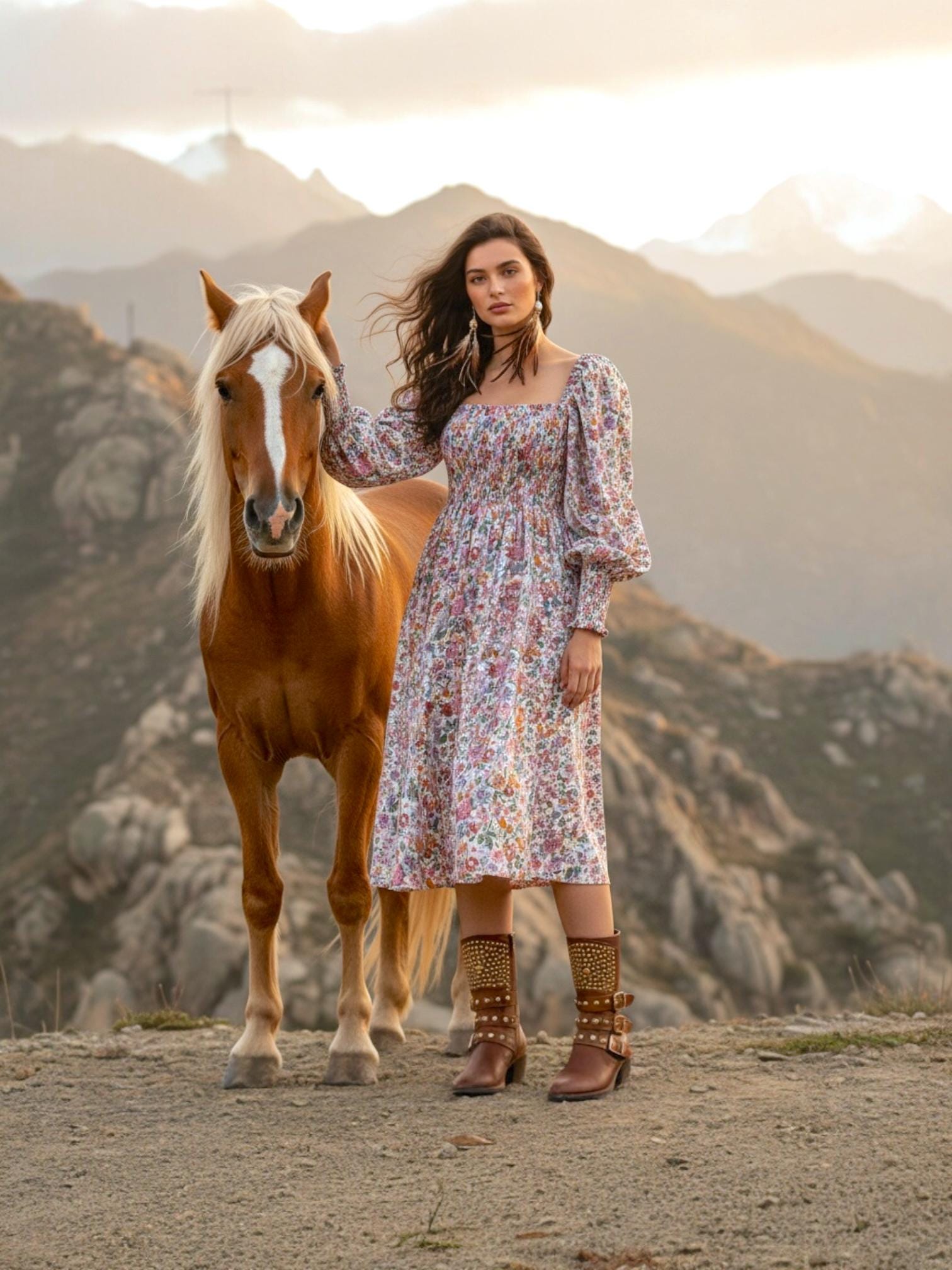 Renaissance Liberty Print Smock Dress: Botanical Ditsy Floral, Long Sleeve Midi Dress, Square Neck