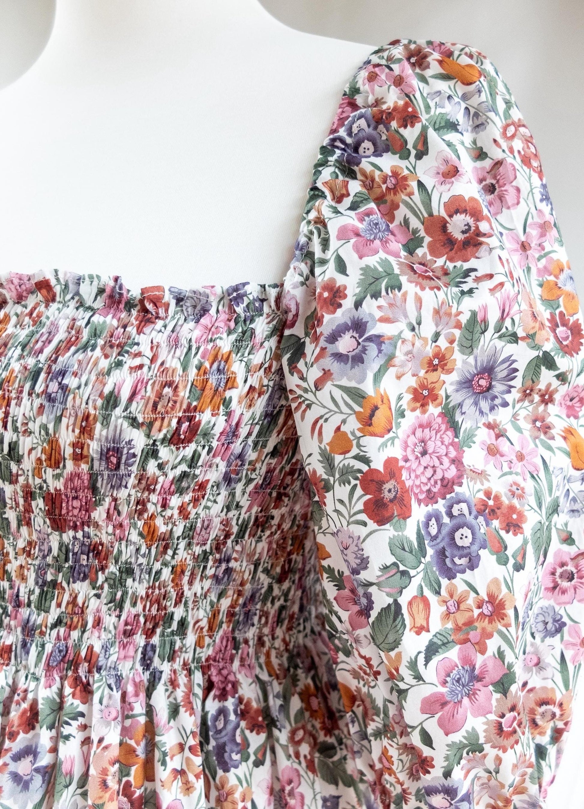 Renaissance Liberty Print Smock Dress: Botanical Ditsy Floral, Long Sleeve Midi Dress, Square Neck