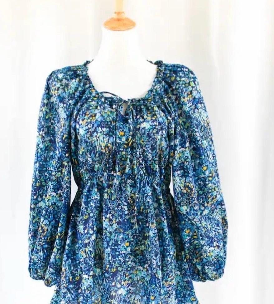 Liberty Print Smock Dress: Botanical Ditsy Floral, Long Sleeve Midi Dress, Deep Round Neck