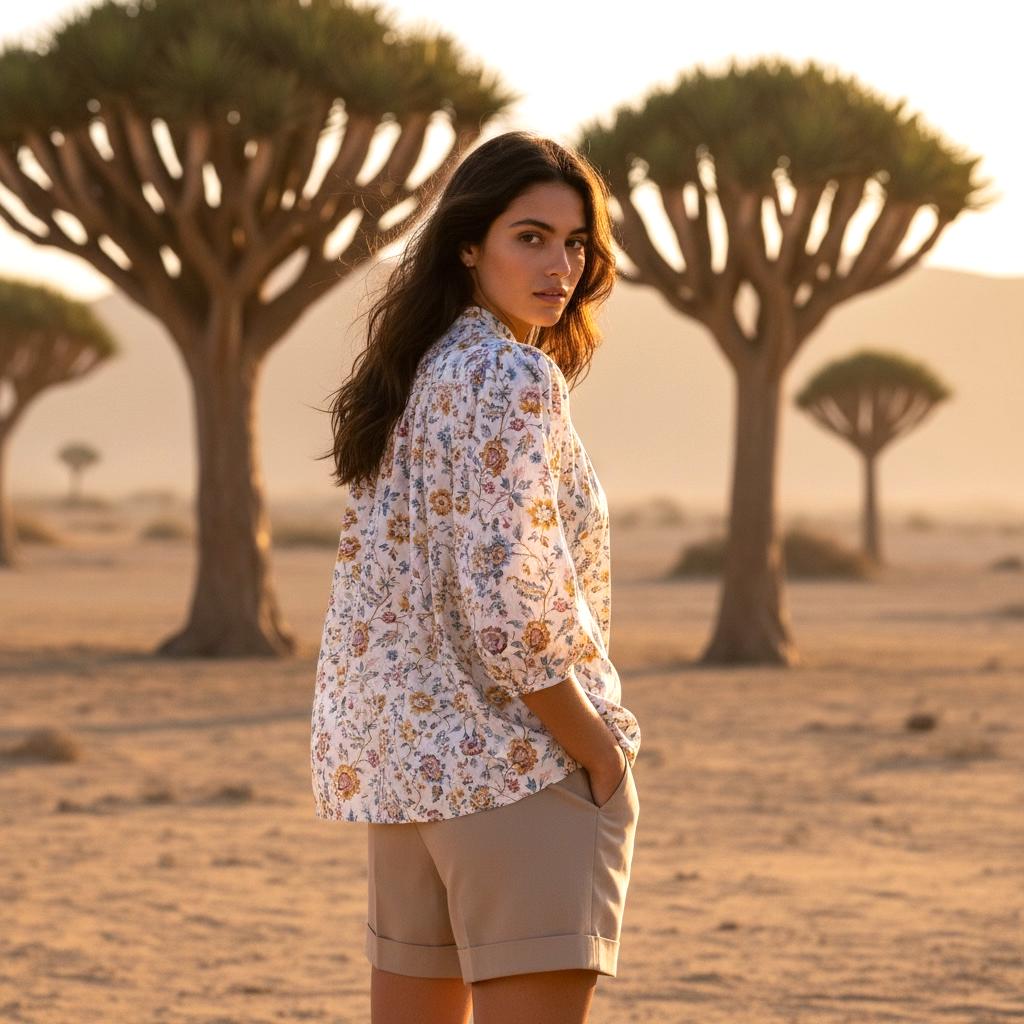 Liberty Print Gather Blouse Mandarin Collar 3/4 Sleeve