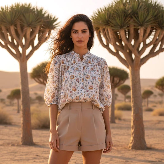 Liberty Print Gather Blouse Mandarin Collar 3/4 Sleeve