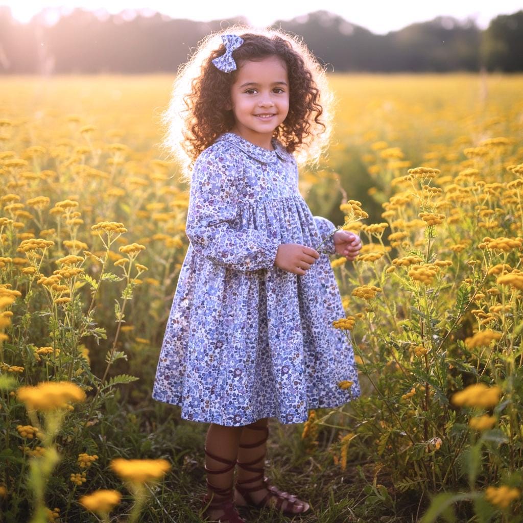 Peter Pan Collar Long Sleeve Liberty Floral Print Girl Dress: Cotton Tana Lawn