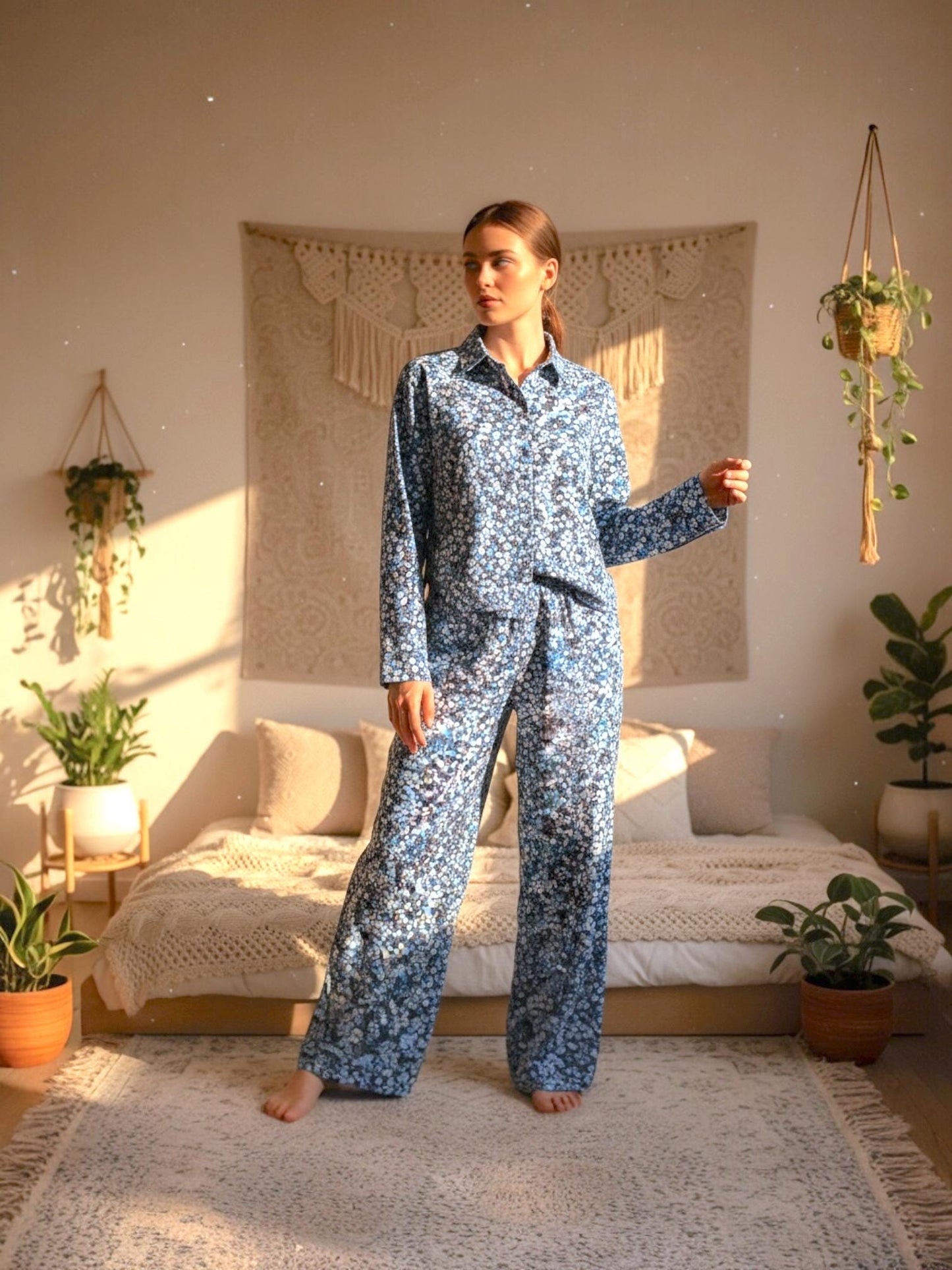 Liberty London Cotton Pajama Set, Ditsy Floral Print, Wide Leg