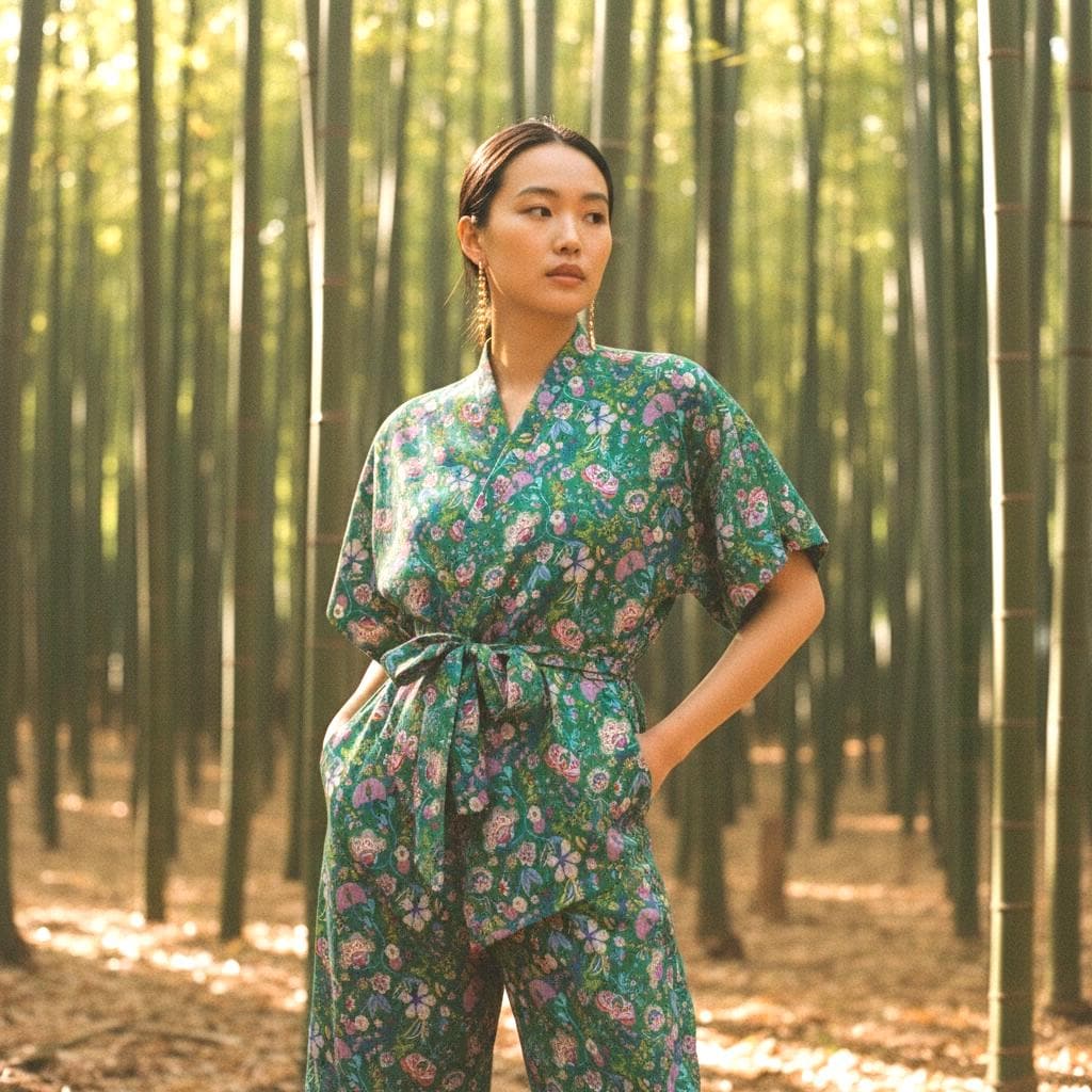 Liberty London Kimono Set: Cotton Tana Lawn Blouse, Botanical Wide Leg Palazzo Pants