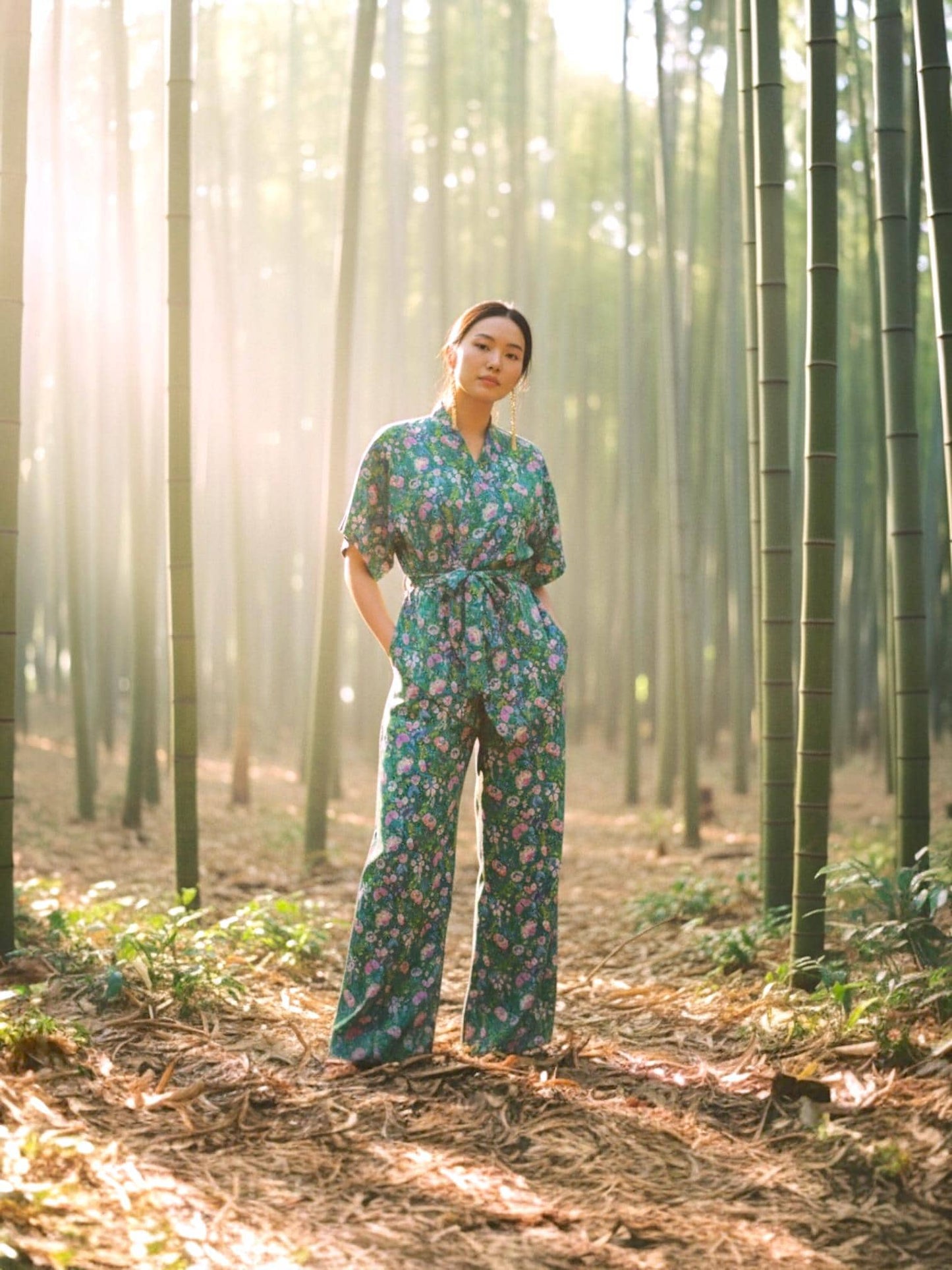 Liberty London Kimono Set: Cotton Tana Lawn Blouse, Botanical Wide Leg Palazzo Pants