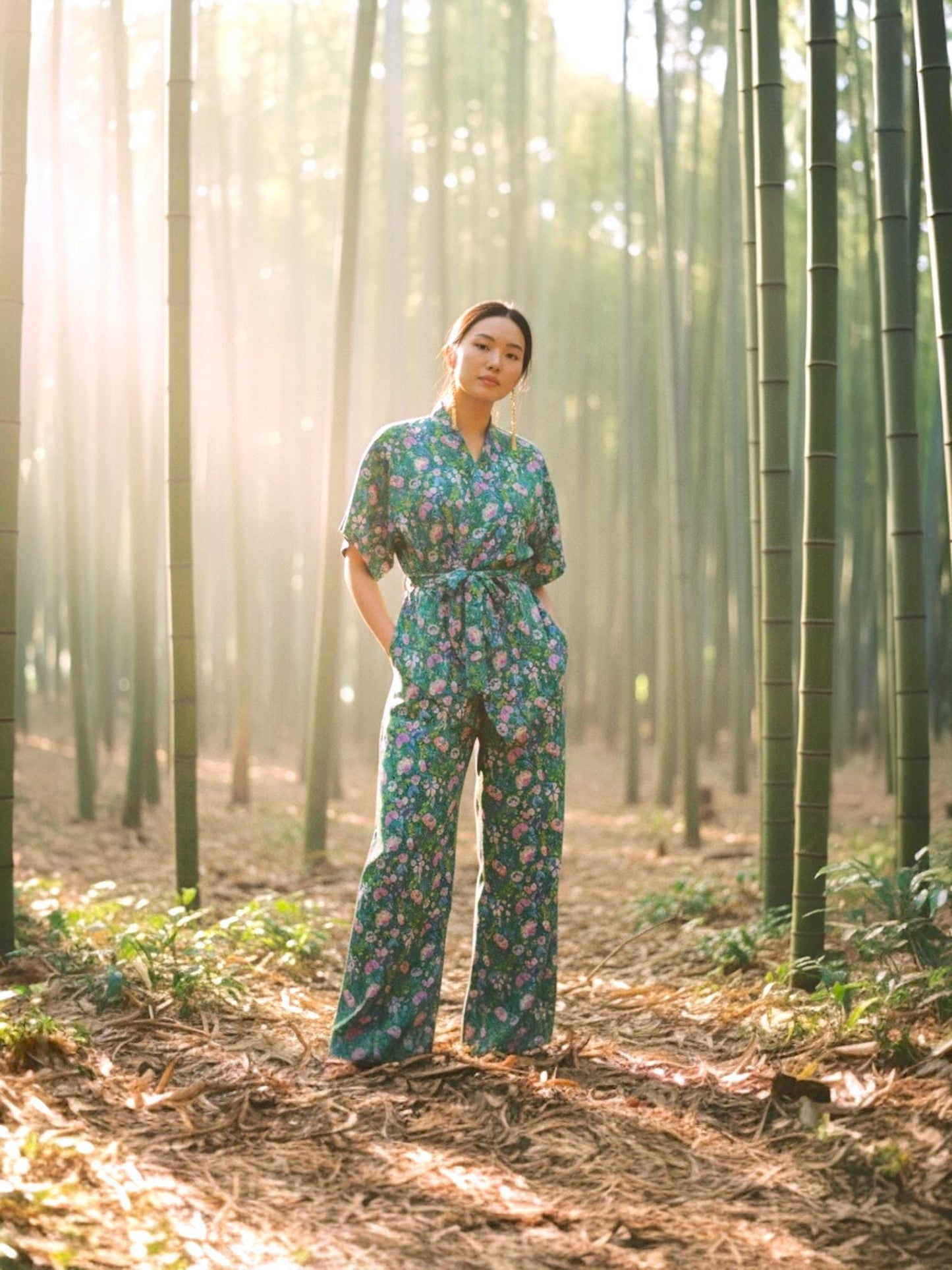 Liberty London Kimono Set: Cotton Tana Lawn Blouse, Botanical Wide Leg Palazzo Pants