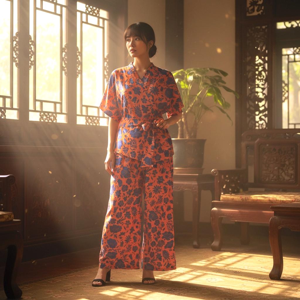 Liberty London Kimono Set: Cotton Tana Lawn Blouse, Botanical Wide Leg Palazzo Pants