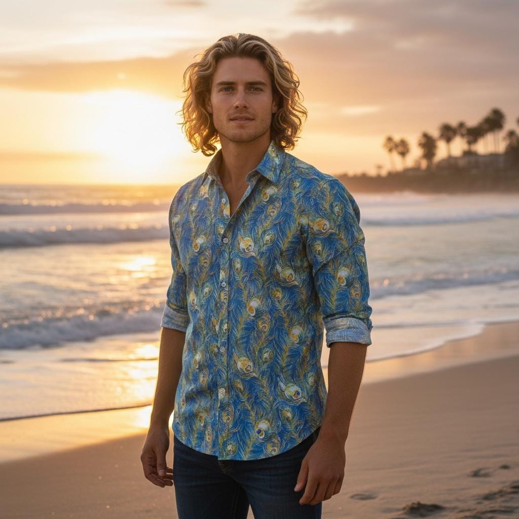 Liberty London Men Long Sleeve Button Up Shirt: Botanical Floral Print Cotton Fabric