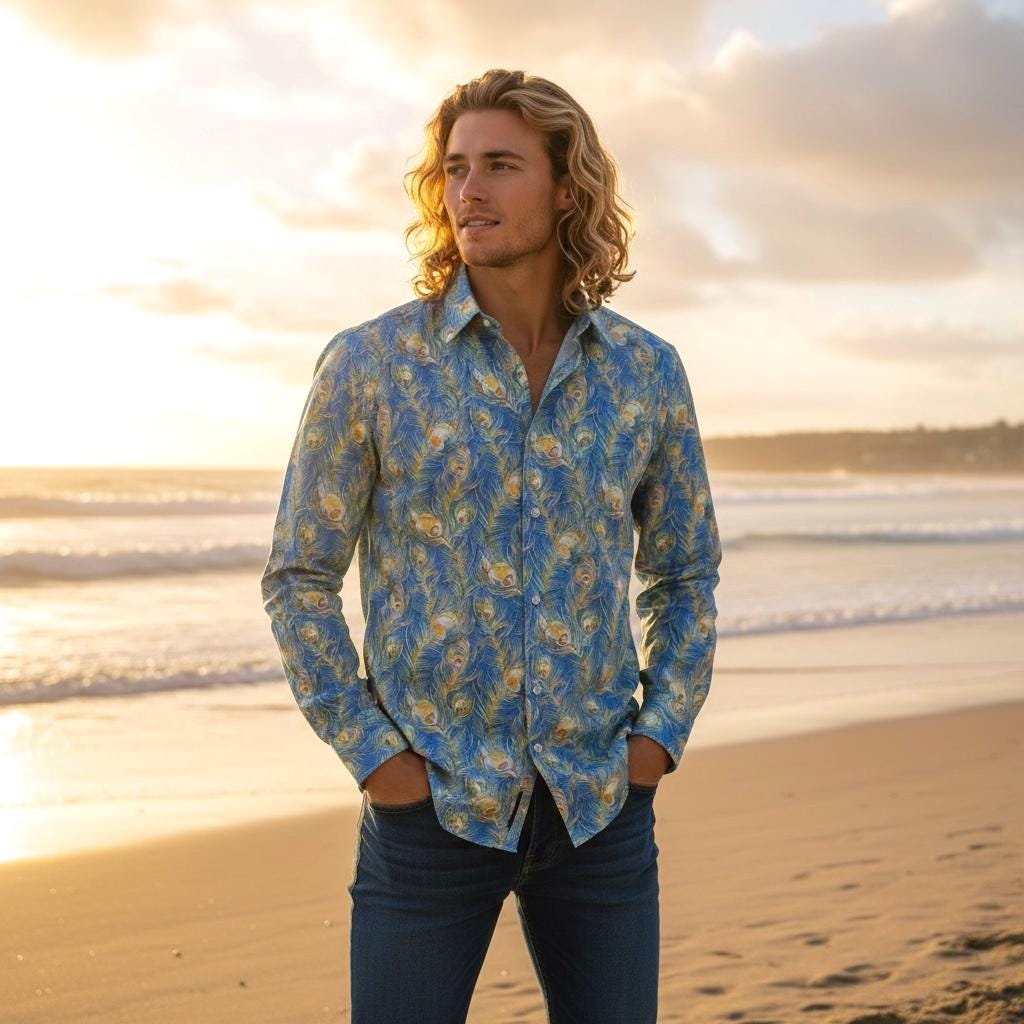 Liberty London Men Long Sleeve Button Up Shirt: Botanical Floral Print Cotton Fabric