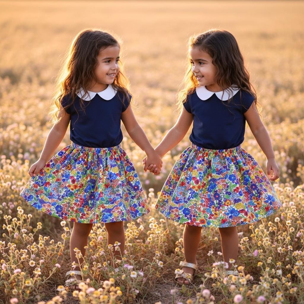 TWINS Liberty Print Fabric Girl Skirt: Pretty Ditsy Floral, Cotton Tana Lawn