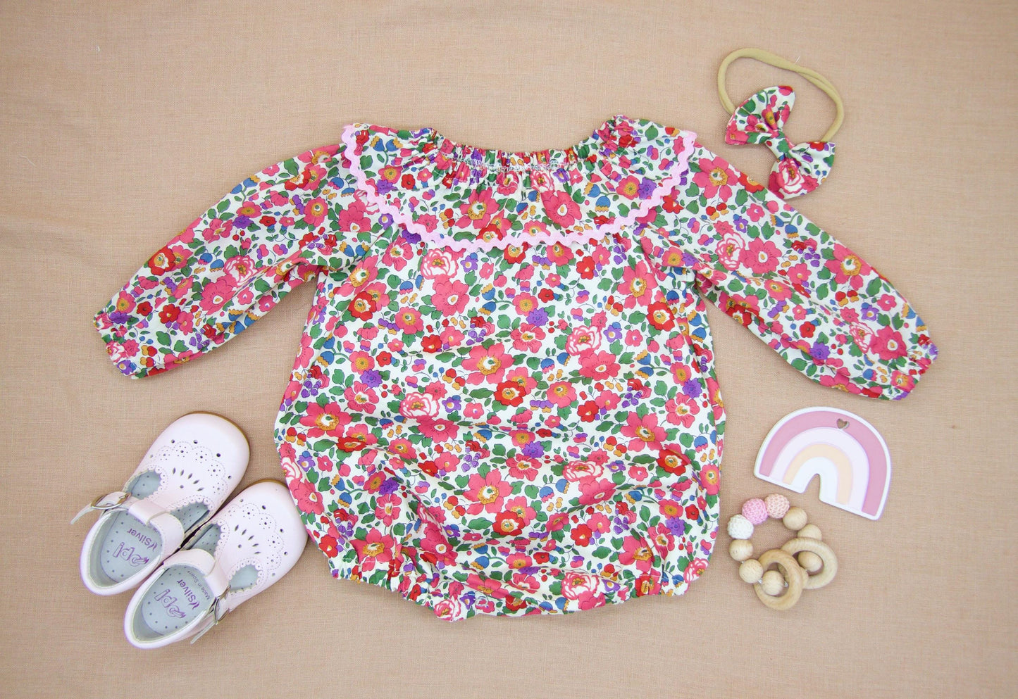 TWINS Liberty London Long Sleeve Baby Romper: Floral Print Cotton Bubble, Ruffle Collar Playsuit