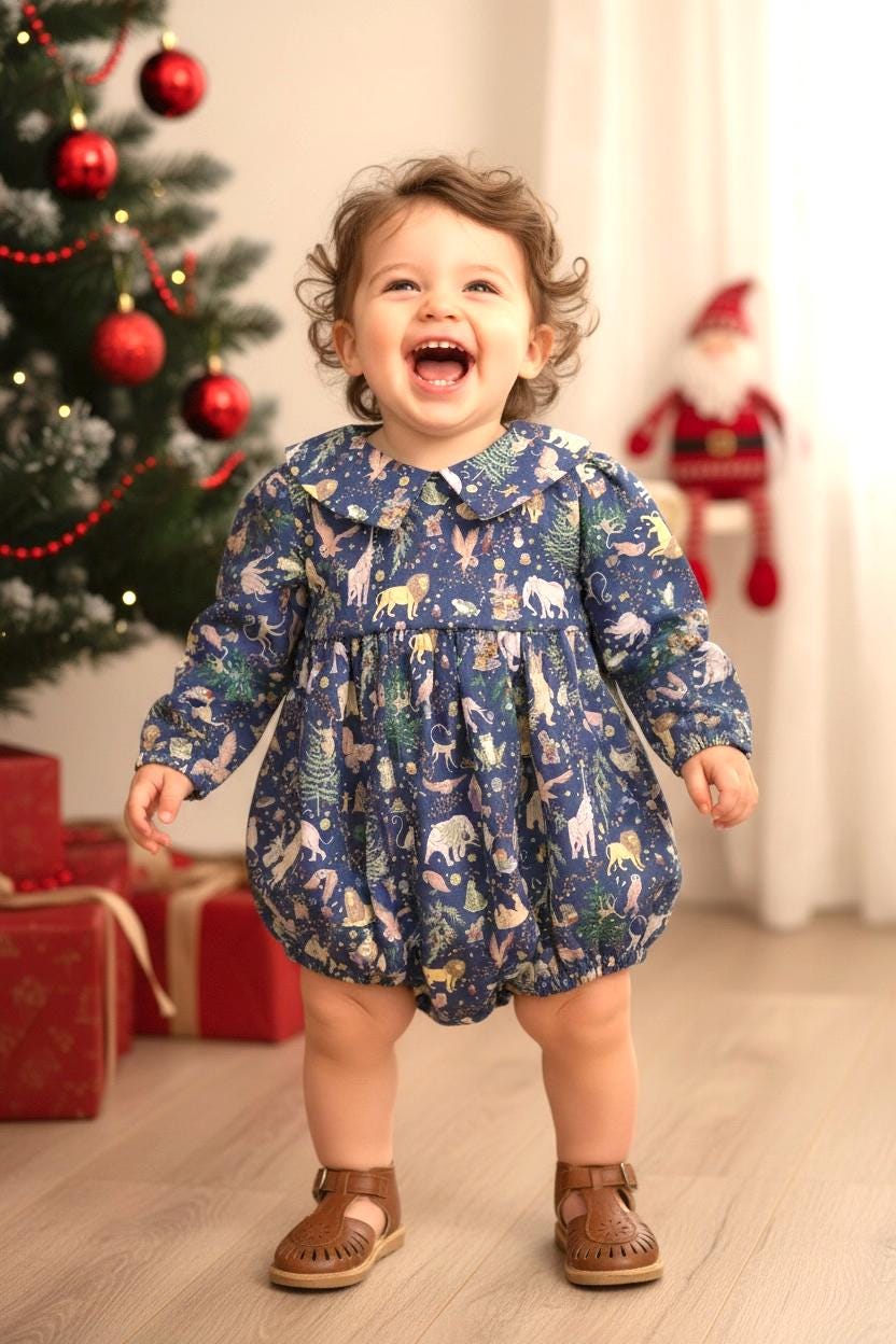 CHRISTMAS Liberty Bubble Romper: Long Sleeve, Handmade Baby Clothes