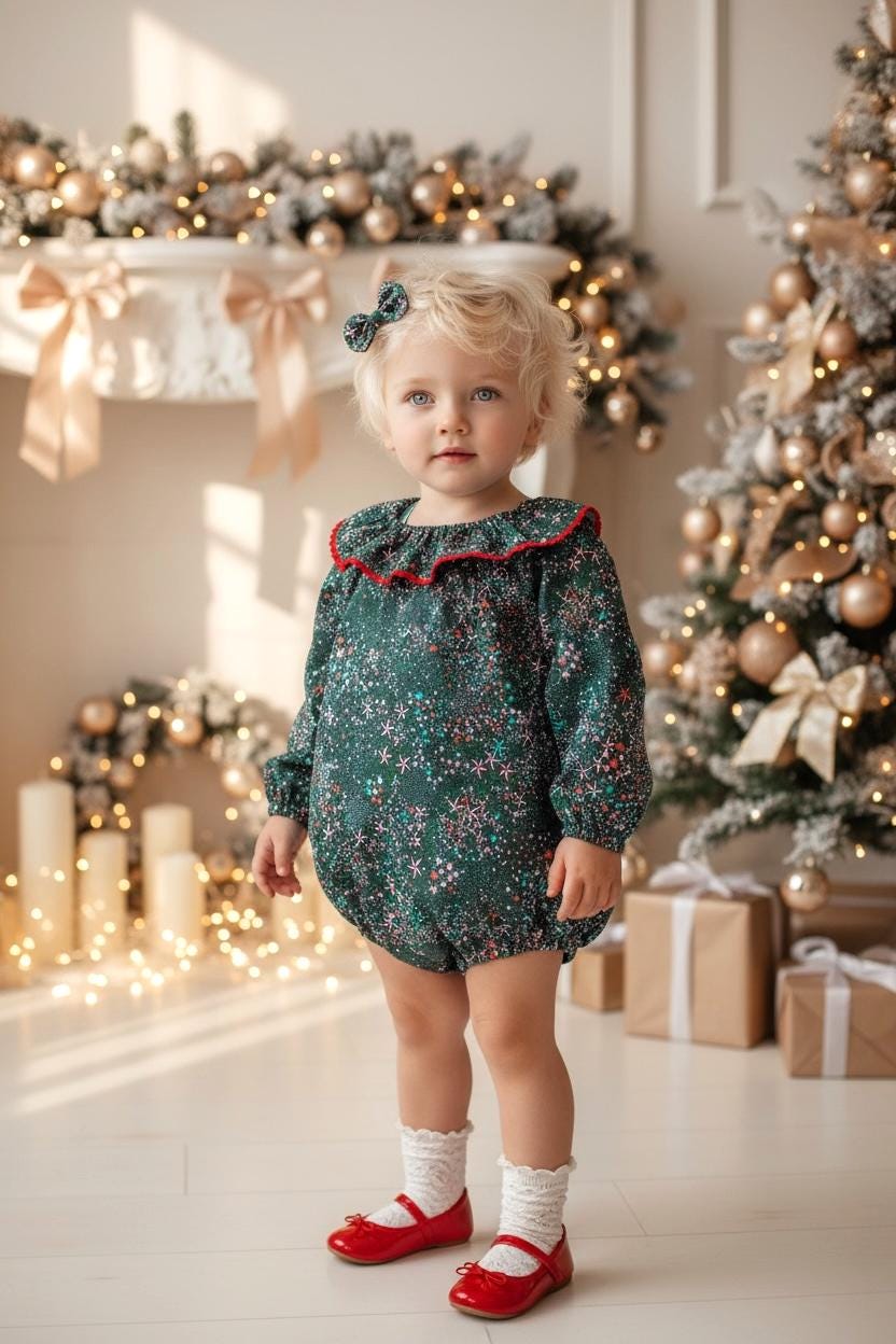 CHRISTMAS Liberty Bubble Romper: Long Sleeve, Ruffle Collar Playsuit