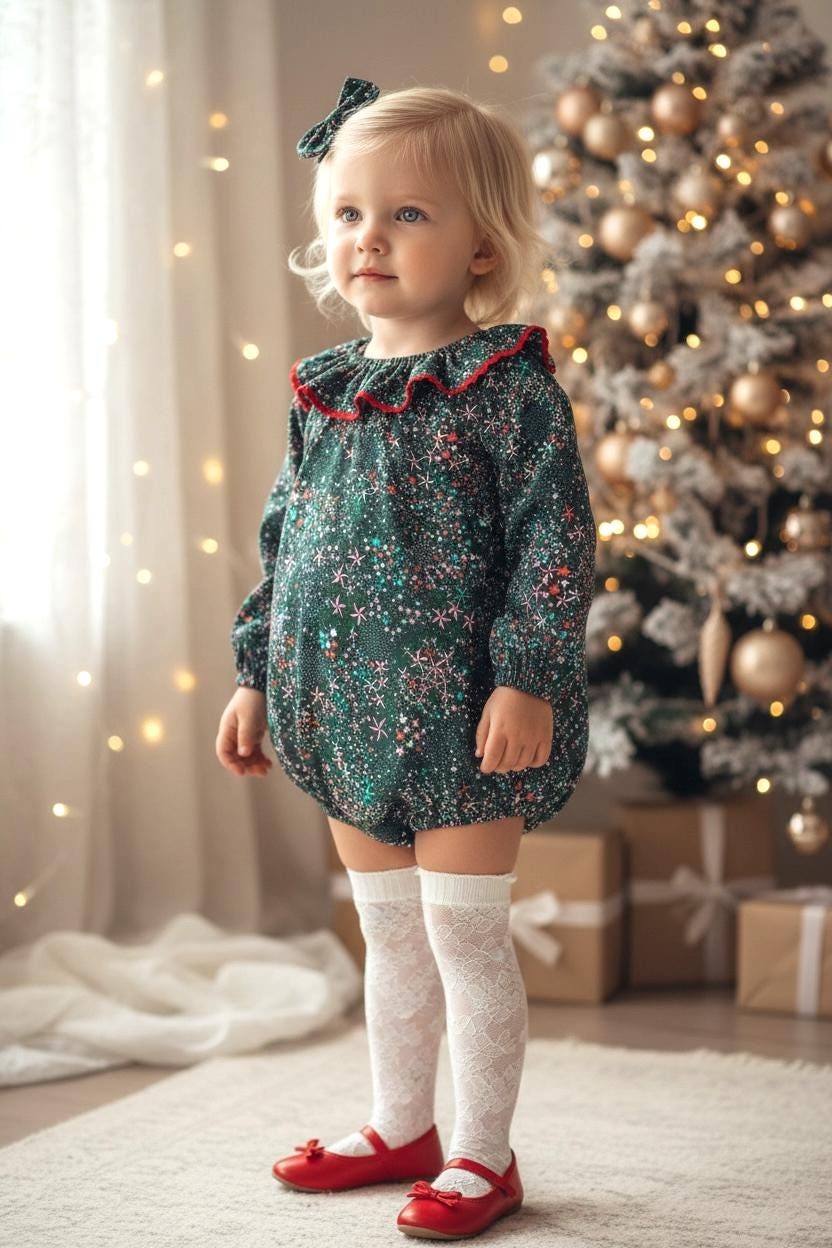 CHRISTMAS Liberty Bubble Romper: Long Sleeve, Ruffle Collar Playsuit
