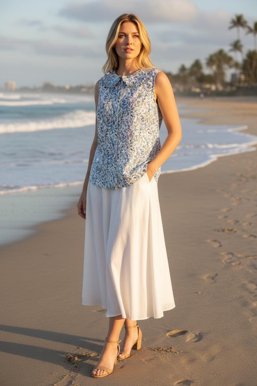 Sleeveless Liberty Woman Top: Ruffle Peter Pan Collar, Floral Print Blouse