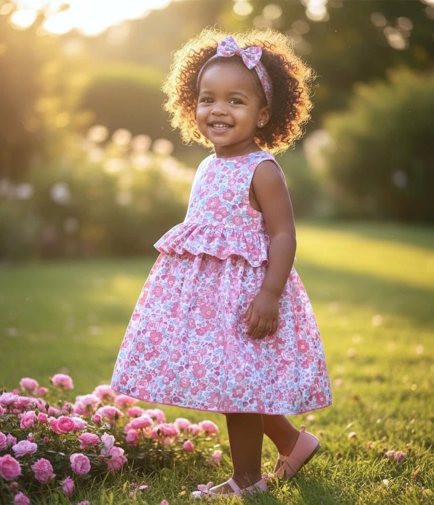 Summer Pink Liberty Sun Dress: Ditsy Floral Cotton, Pretty Ruffle Waist Sleeveless