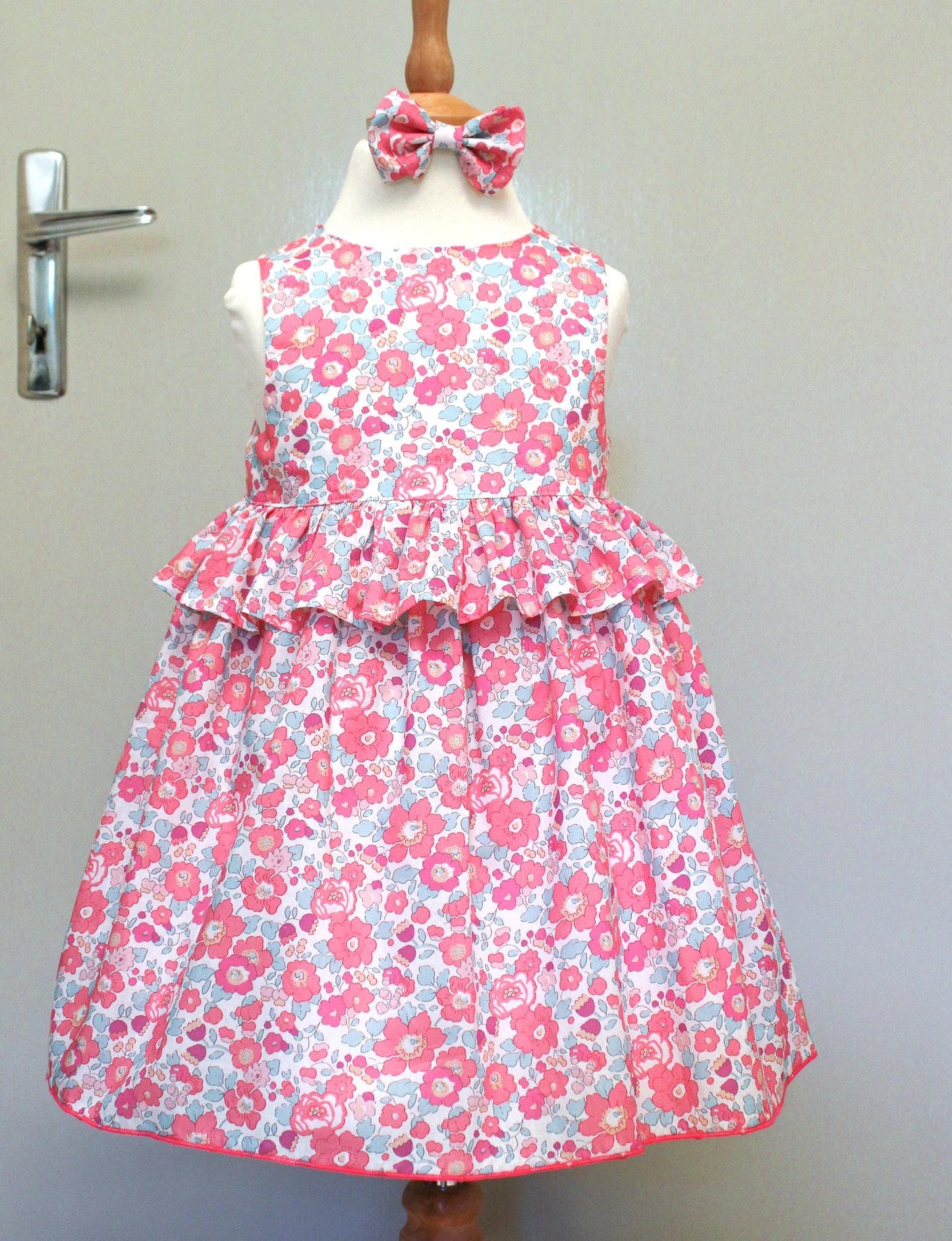 Summer Pink Liberty Sun Dress: Ditsy Floral Cotton, Pretty Ruffle Waist Sleeveless