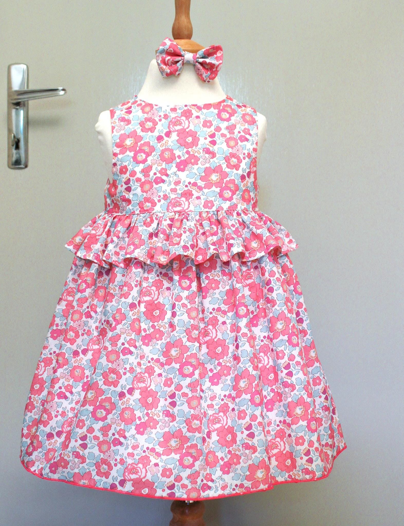 Summer Pink Liberty Sun Dress: Ditsy Floral Cotton, Pretty Ruffle Waist Sleeveless