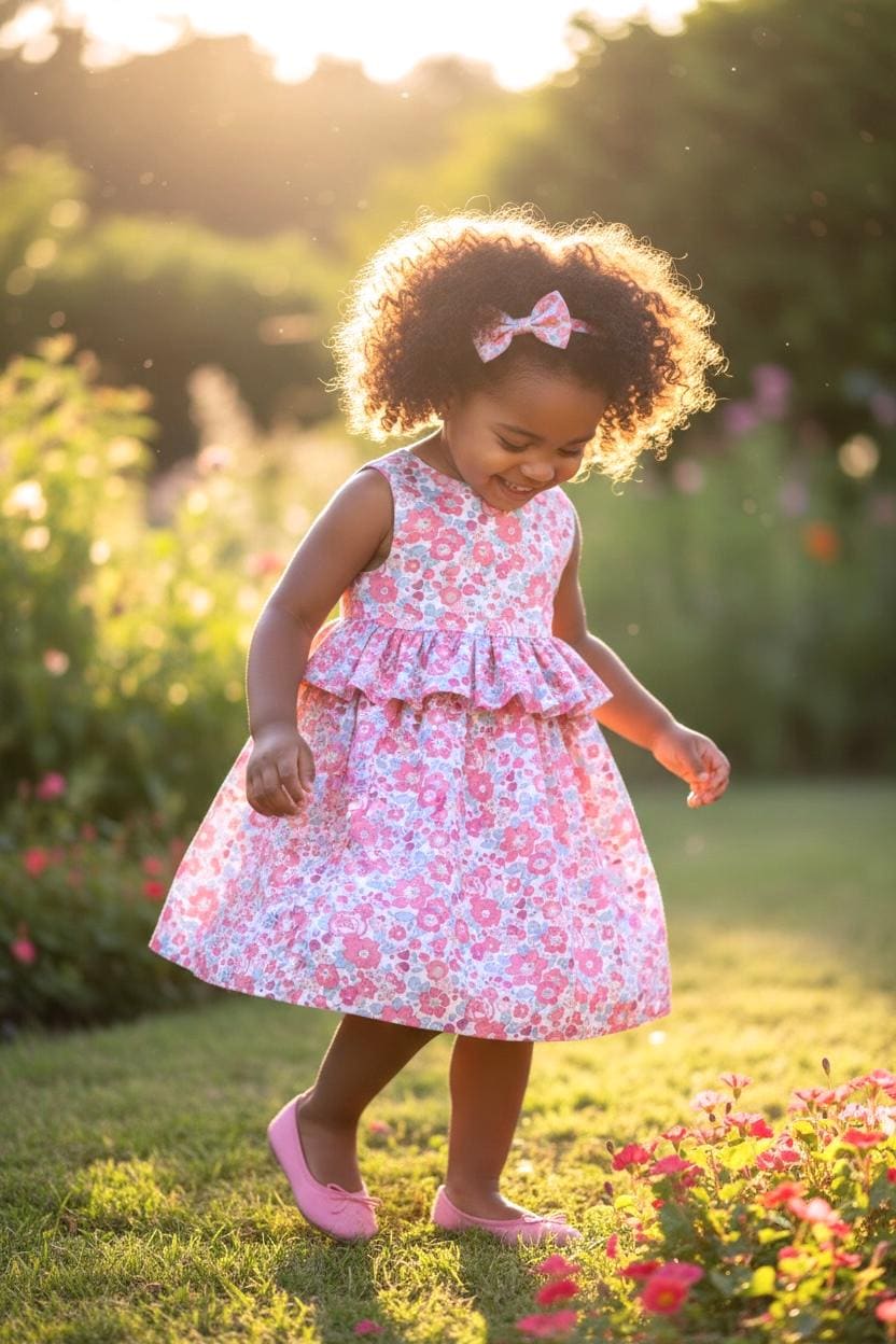 Summer Pink Liberty Sun Dress: Ditsy Floral Cotton, Pretty Ruffle Waist Sleeveless
