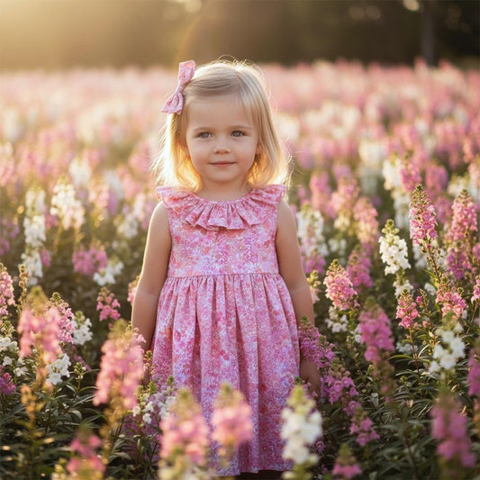 Liberty Sleeveless Girl Sun Dress: Ruffle Pierrot Collar, Floral Print, Margaret Annie