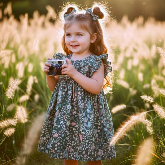 Liberty London Sleeveless Flower Girl Sun Dress: Ruffle Flutter Shoulder, Ditsy Floral Print