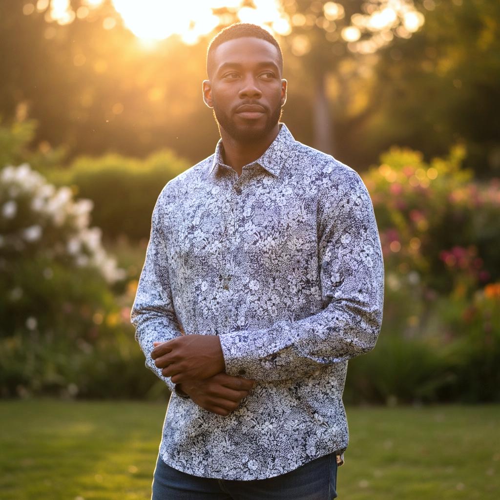 Liberty London Men Long Sleeve Button Up Shirt: Botanical Floral Print Cotton Fabric