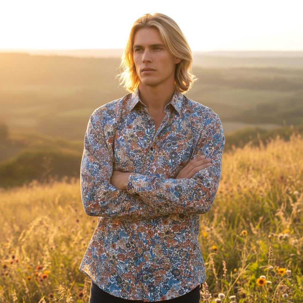 Wiltshire Liberty London Men Long Sleeve Button Up Shirt: Botanical Floral Print Cotton Fabric