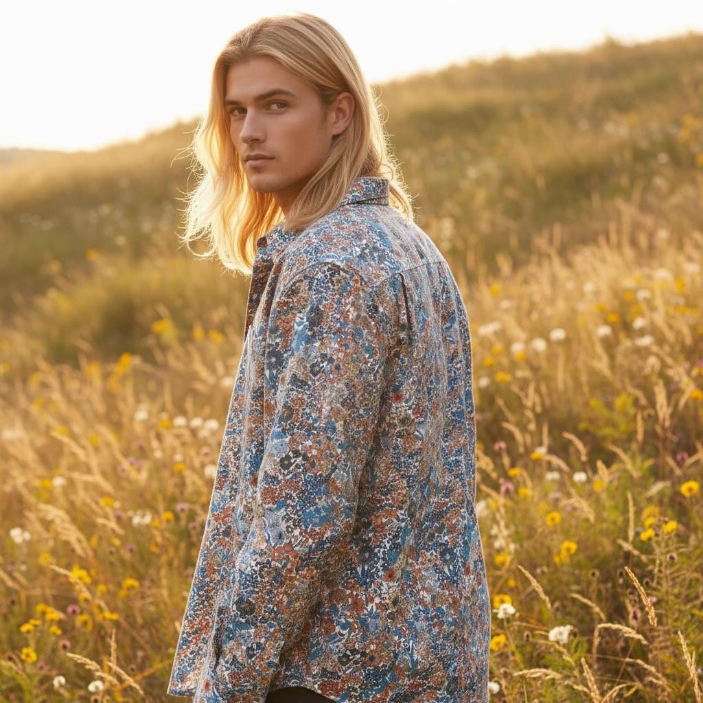 Liberty London Men Long Sleeve Button Up Shirt: Botanical Floral Print Cotton Fabric