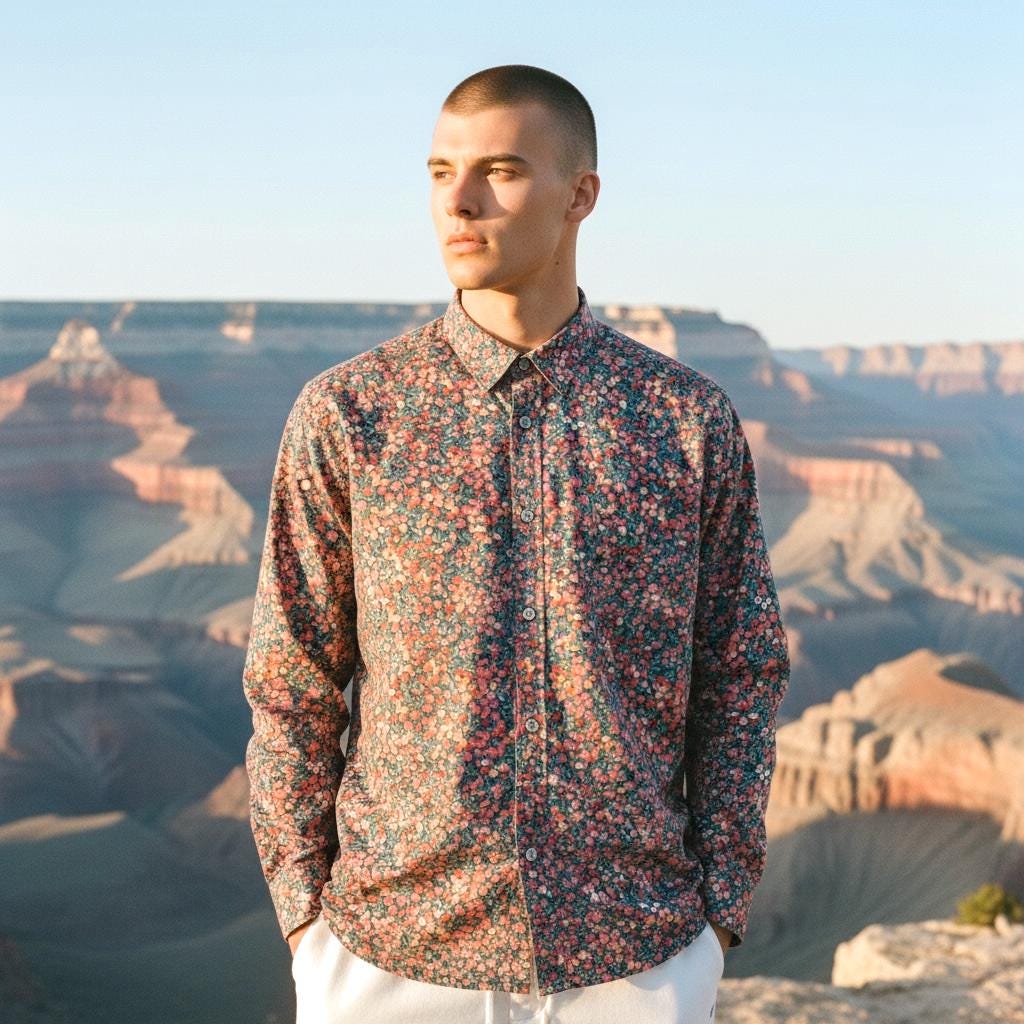 Wiltshire Liberty London Men Long Sleeve Button Up Shirt: Botanical Floral Print Cotton Fabric