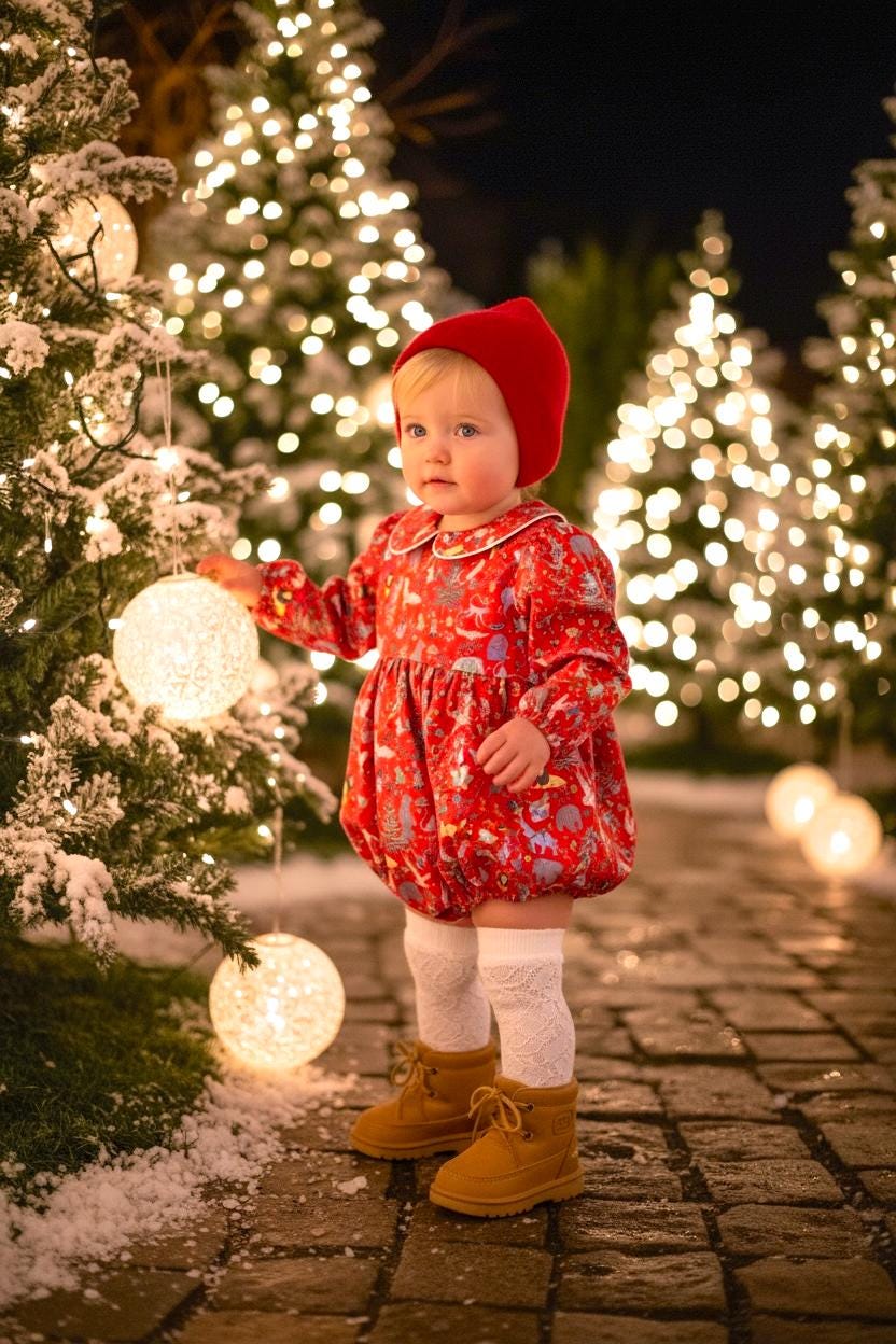 CHRISTMAS Liberty Bubble Romper: Long Sleeve, Peter Pan Collar