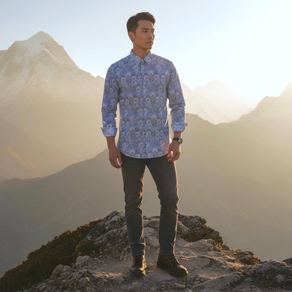 Liberty London Men Long Sleeve Button Up Shirt: Botanical Floral Print Cotton Fabric