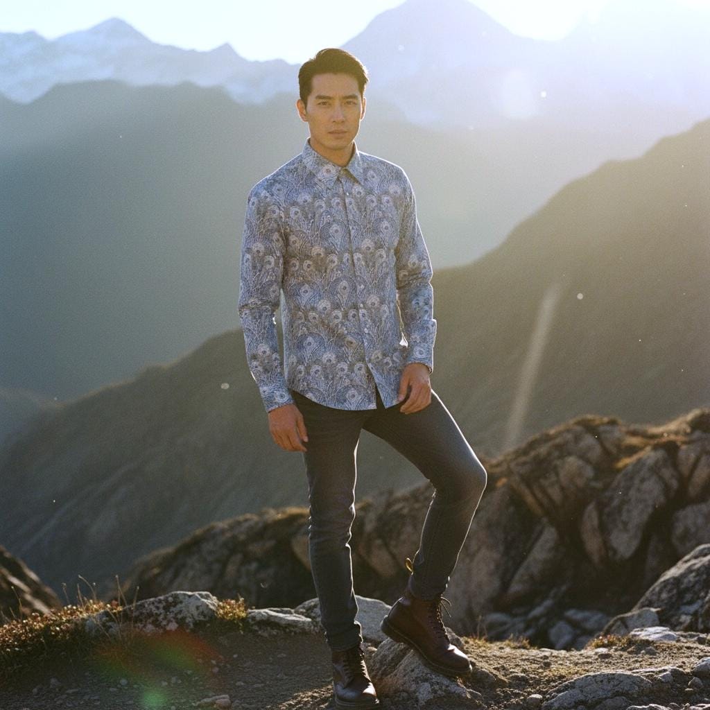 Liberty London Men Long Sleeve Button Up Shirt: Botanical Floral Print Cotton Fabric